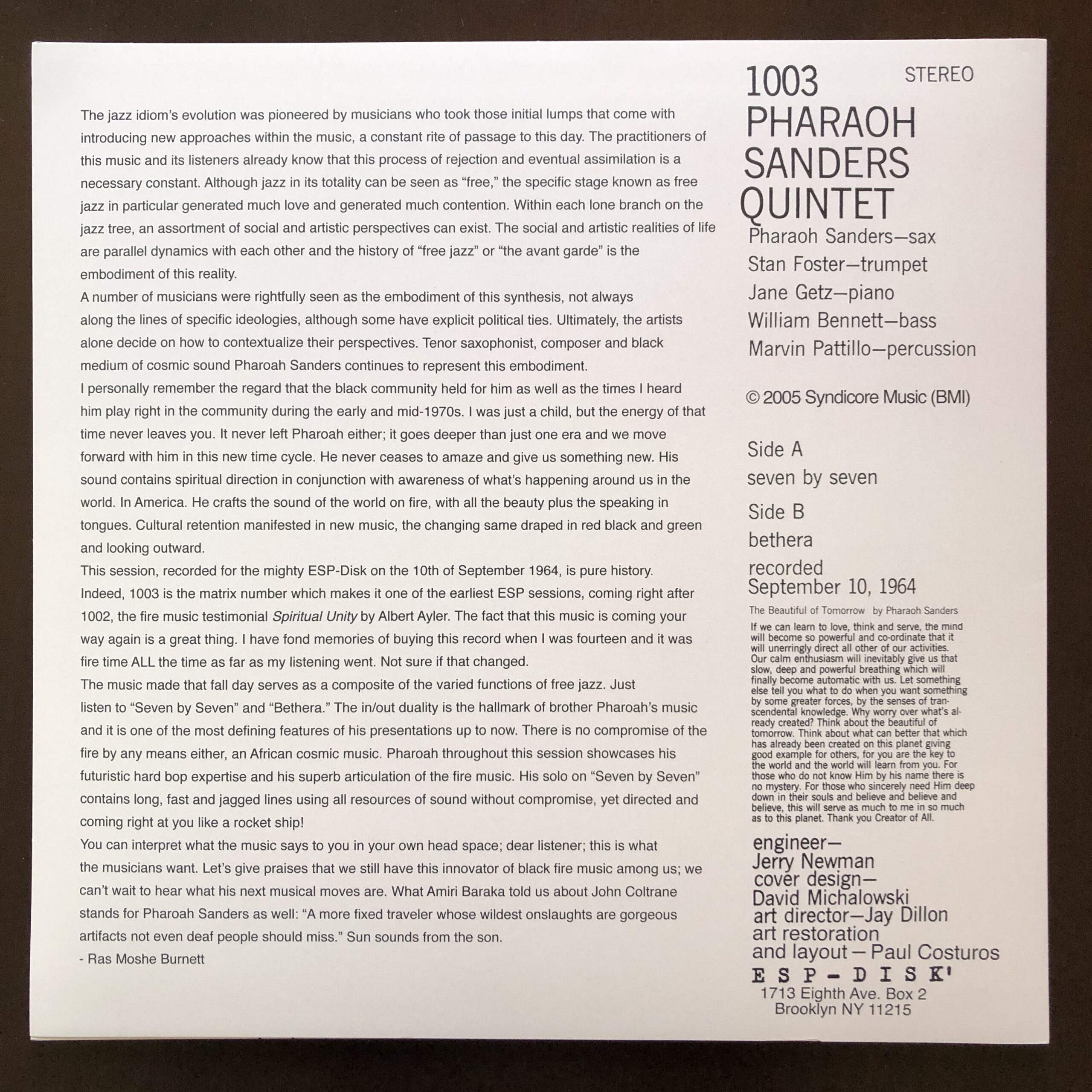 Pharoah Sanders Pharoah Sanders Quintet Eligo Audio Culture